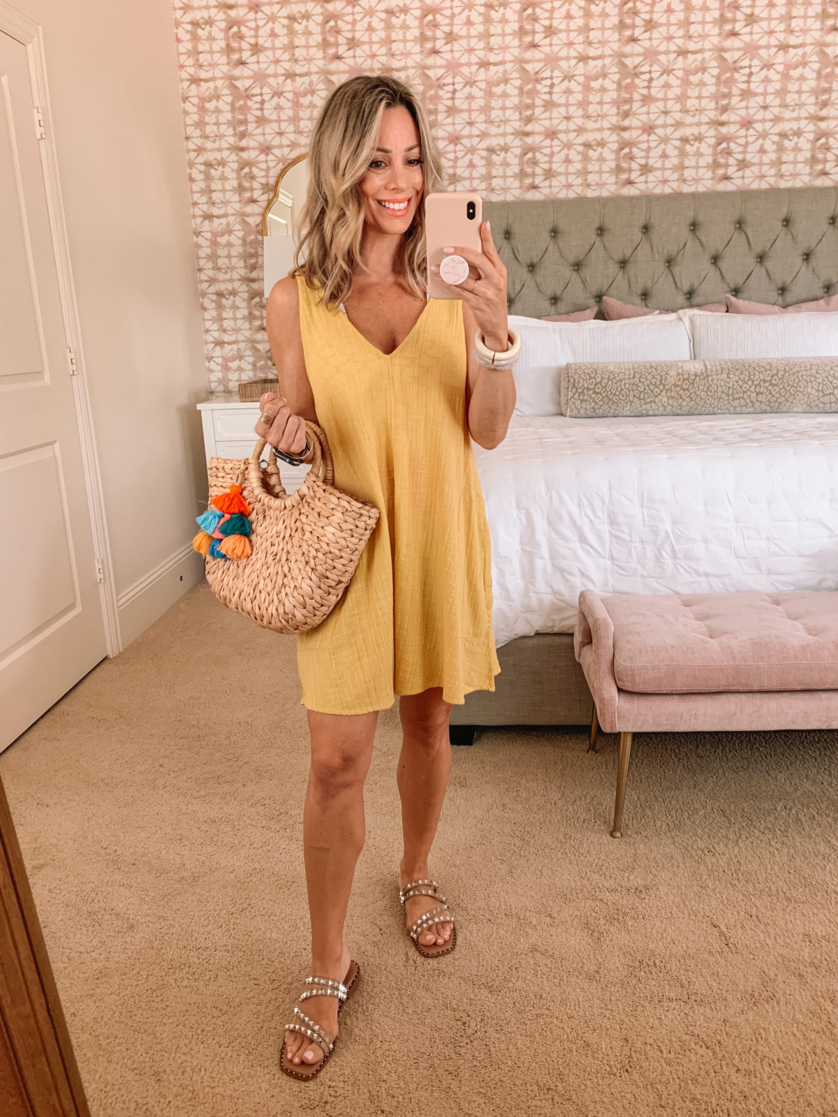 Dressing Room Finds, Yellow CoverUP and Studded Sandals with Woven Tote