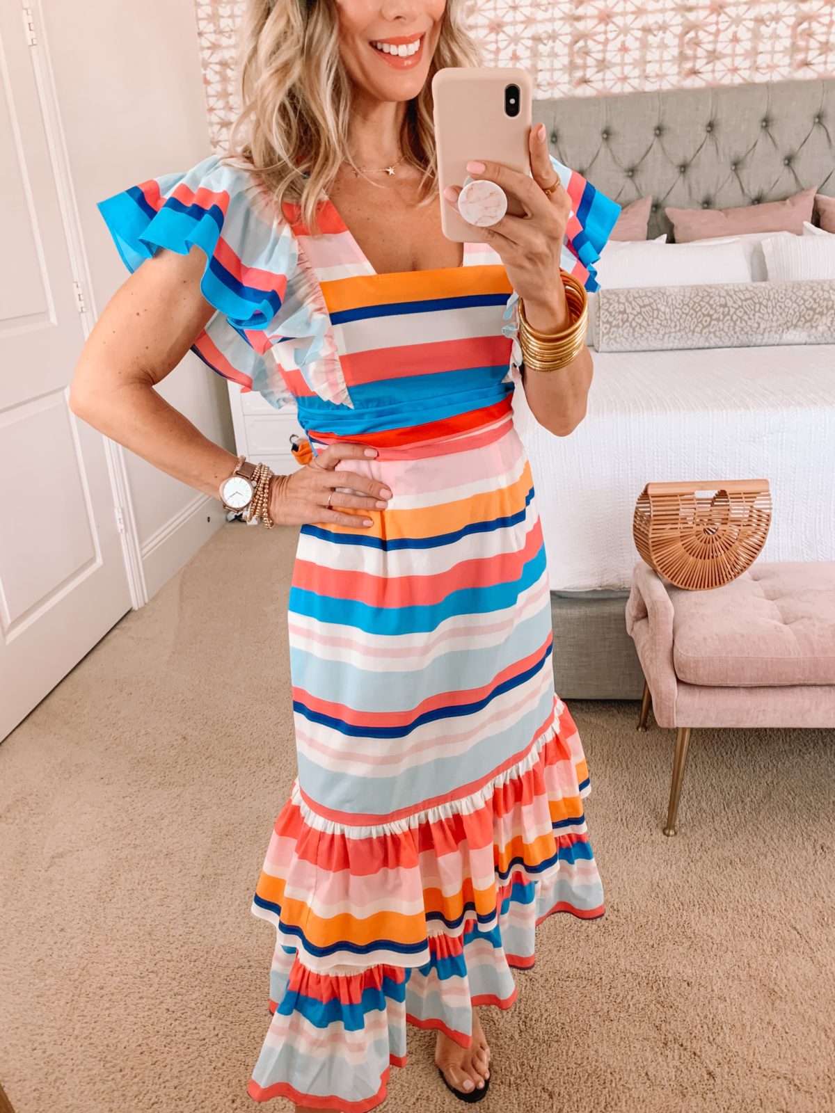 Dressing Room Finds, Striped Dress, Bamboo Clutch, Clear Sandals 