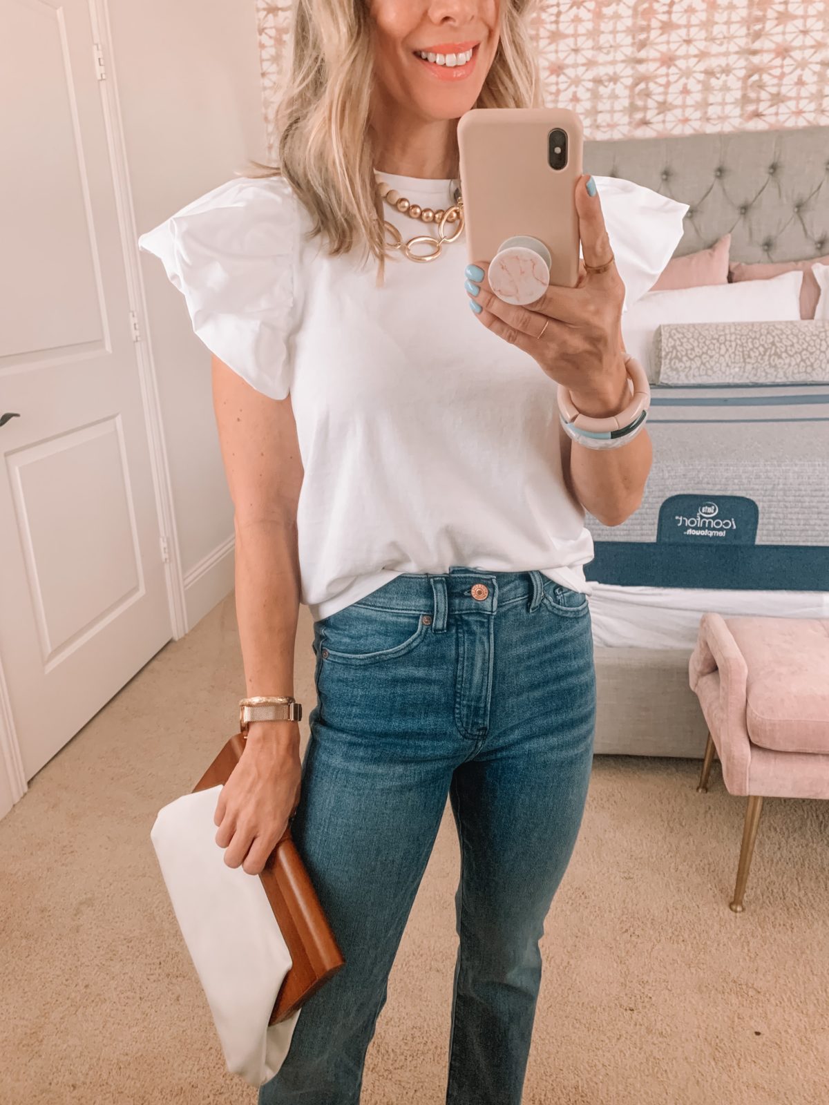 Dressing Room Finds, Express, Ruffle Sleeve Tee, Jeans, Sandals, clutch 