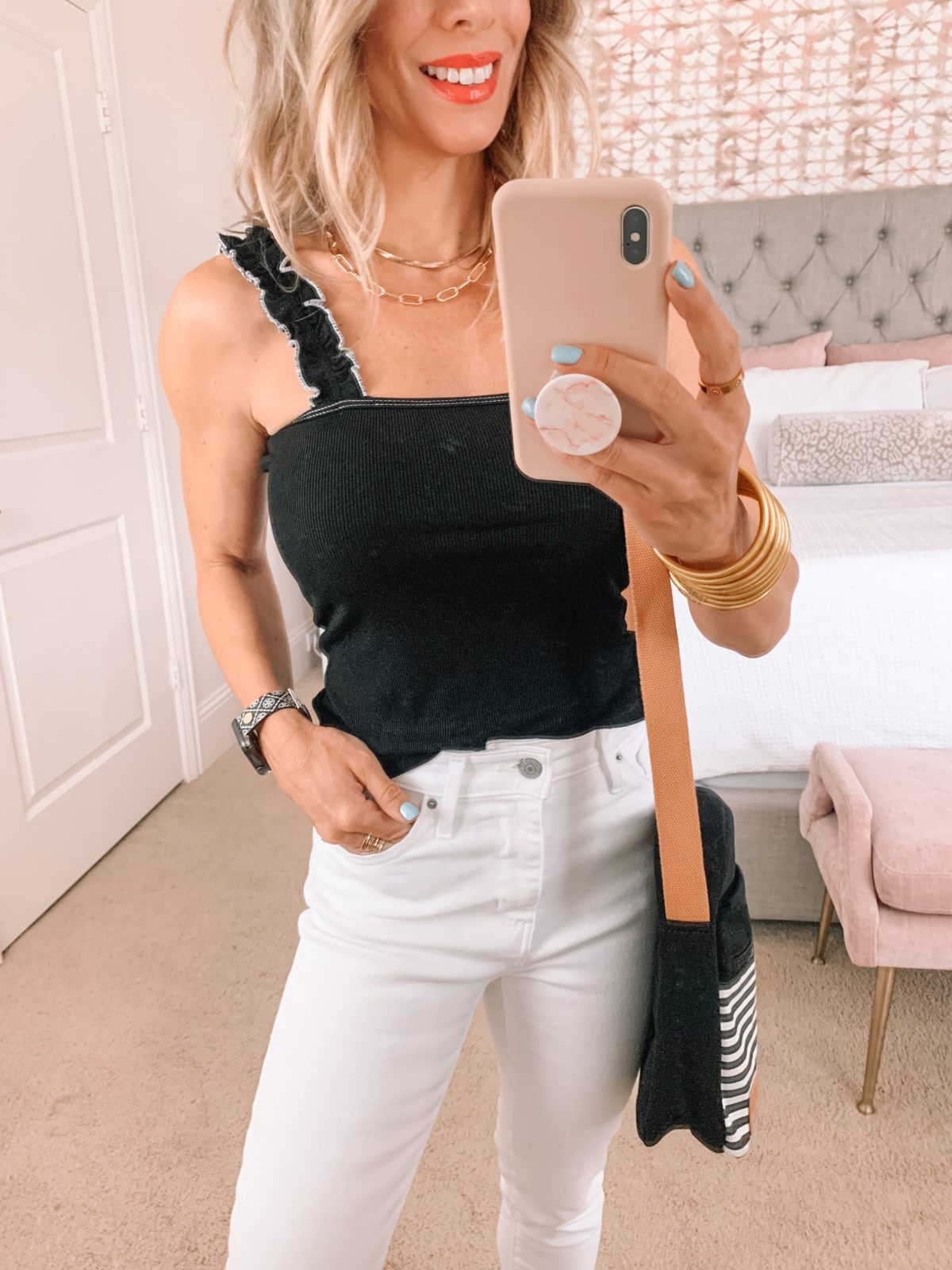 Amazon Fashion Faves, Black Ribbed Tank, White Jeans, Striped Crossbody and Kell Parker Sandals 