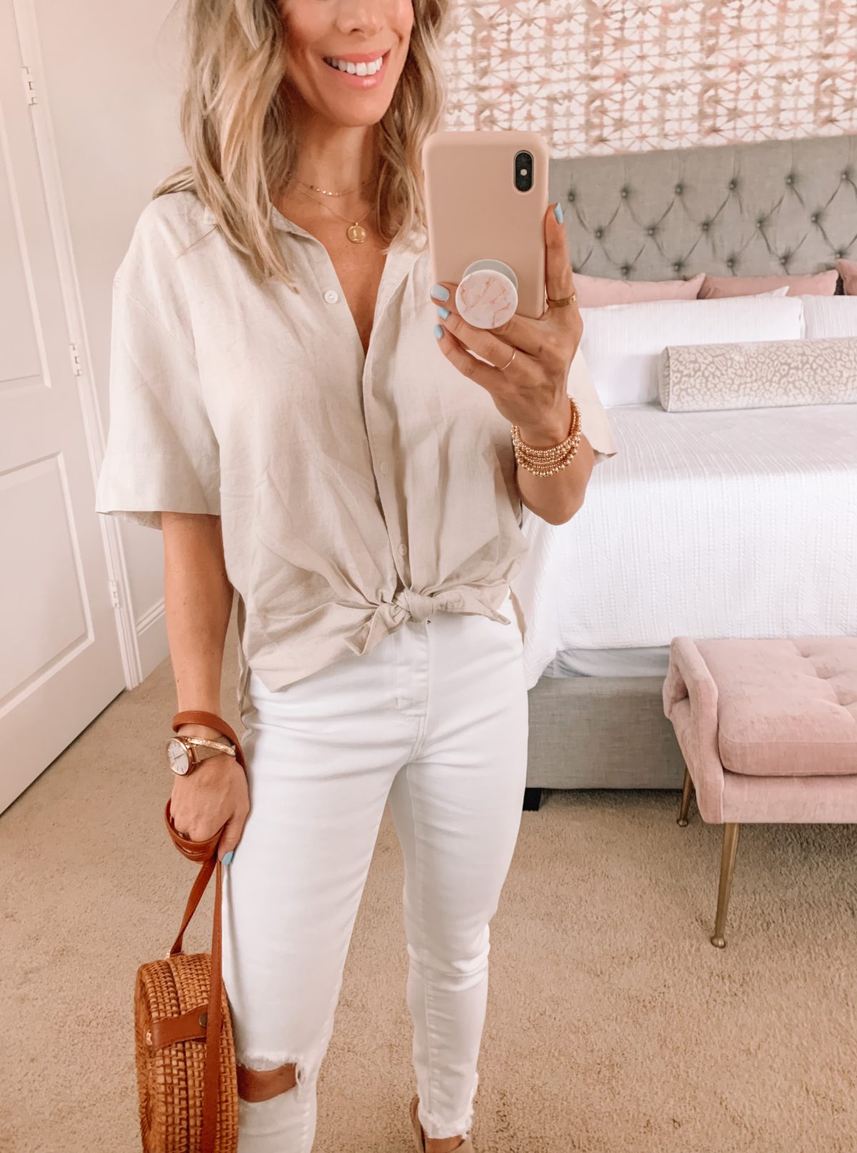 Dressing Room Finds, Knot front top and white jeans with Crossbody and wedges 