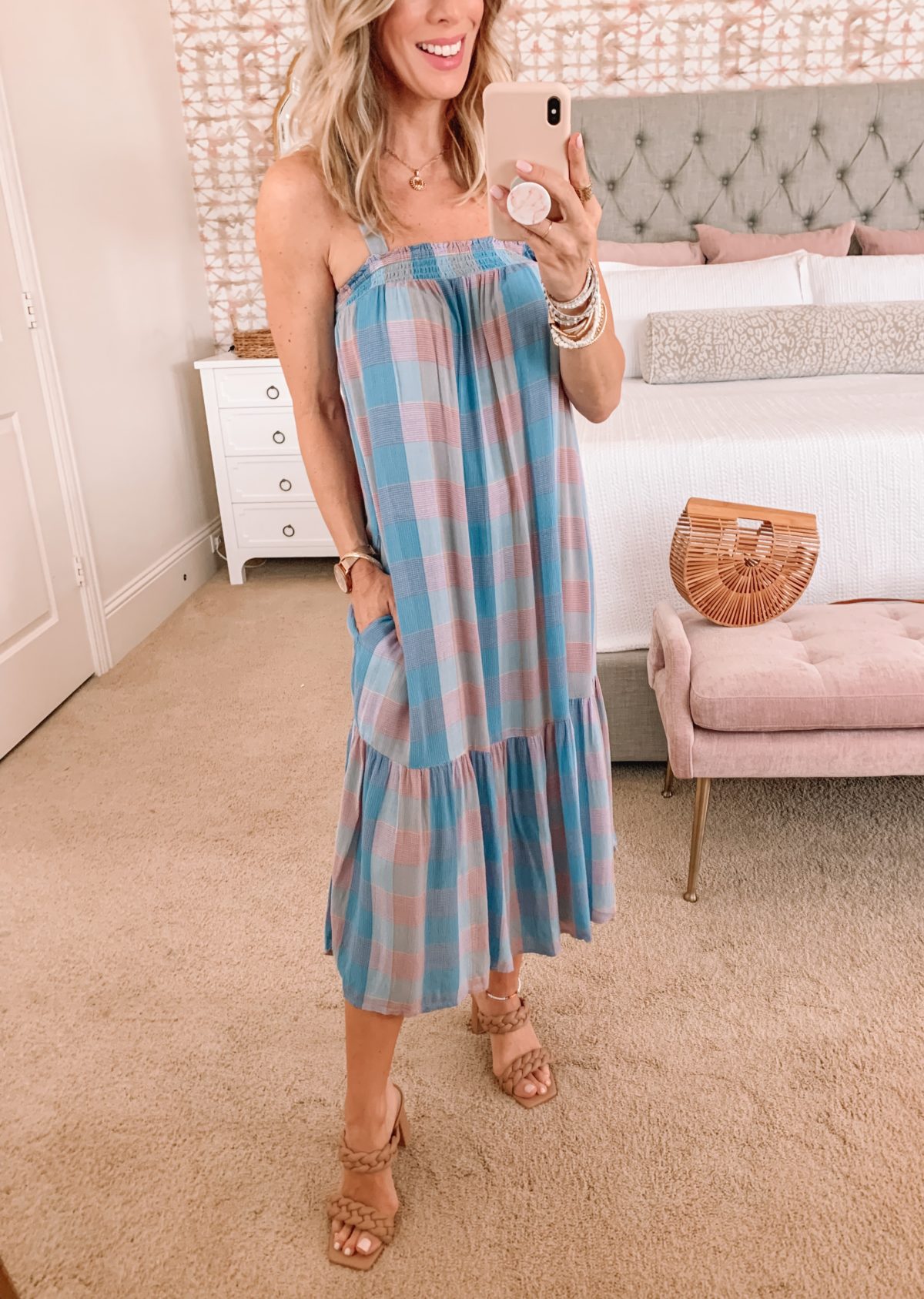 Dressing Room Finds, Gingham Dress and Sandals with Bamboo Clutch 