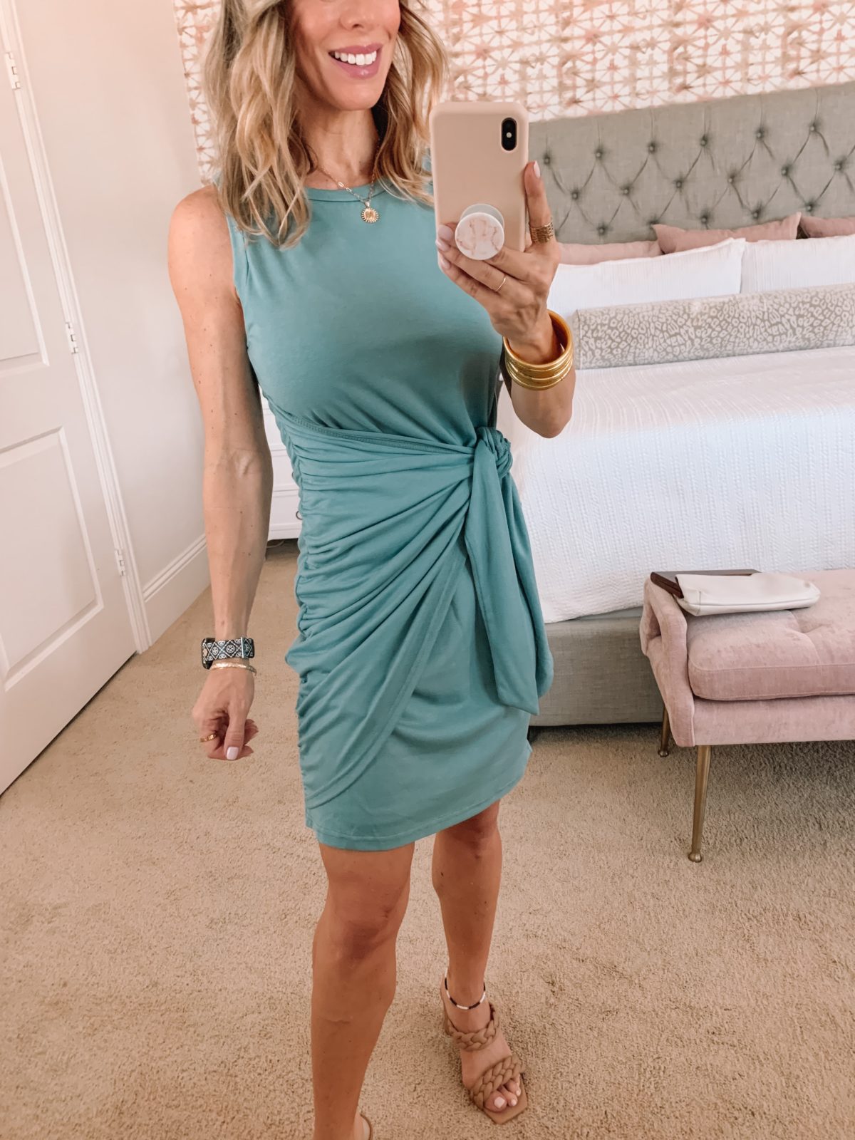 Amazon Fashion Faves, Tie Waist Dress and Sandals with Clutch 
