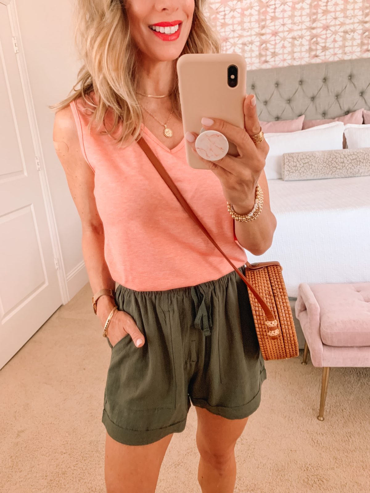 Amazon Fashion Faves, Coral Tank and Green Shorts, Crossbody and wedge Sandals 