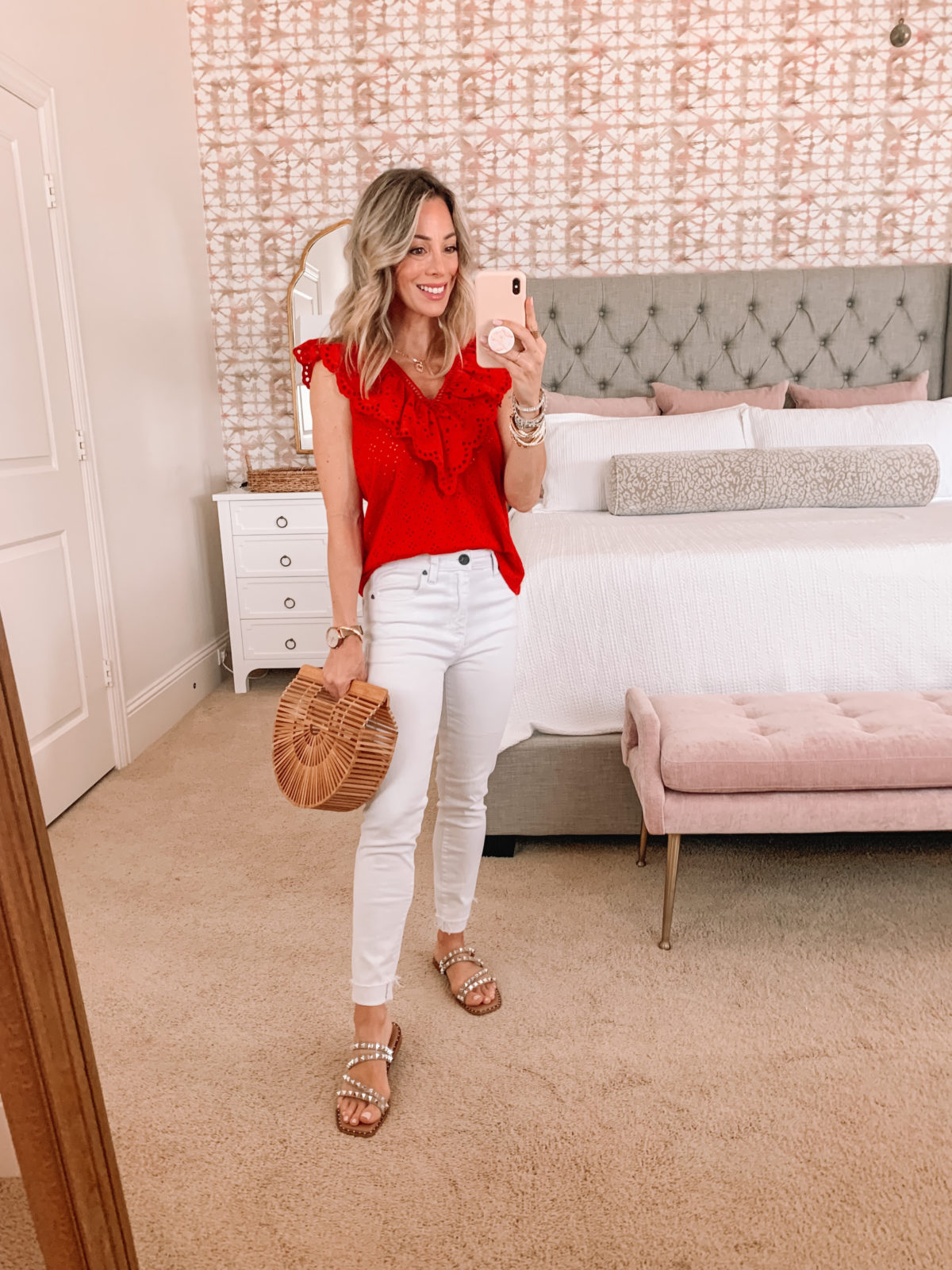 Dressing Room Finds, Eyelet Top and Jeans with Sandals and Clutch 