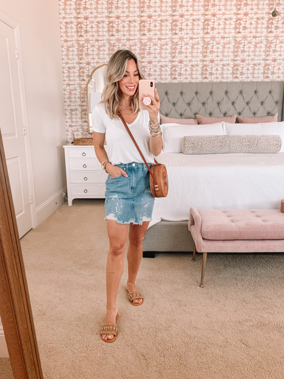 Dressing Room Finds, Tee and Denim Skirt with Crossbody and sandals 