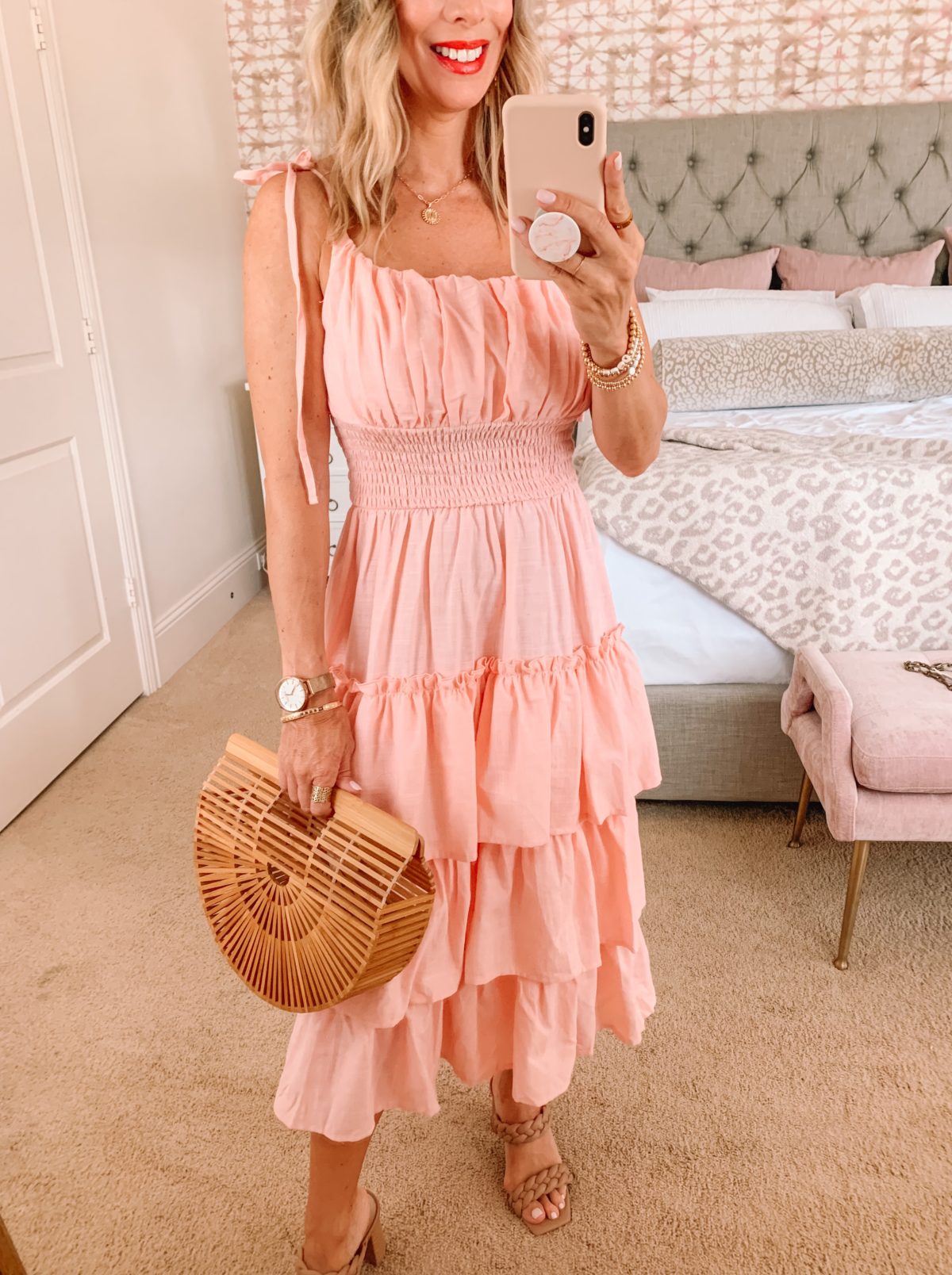Amazon Fashion Faves, Pink Tiered Dress and Sandals with Bamboo Clutch 