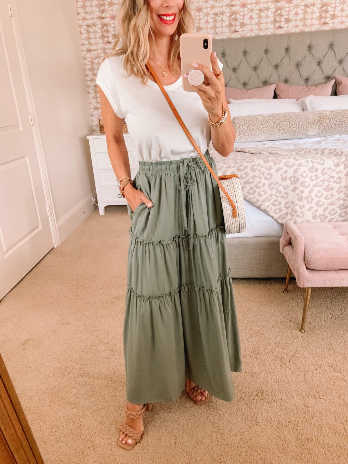 Amazon Fashion Faves, White Tee and Maxi Skirt with Sandals and Crossbody 