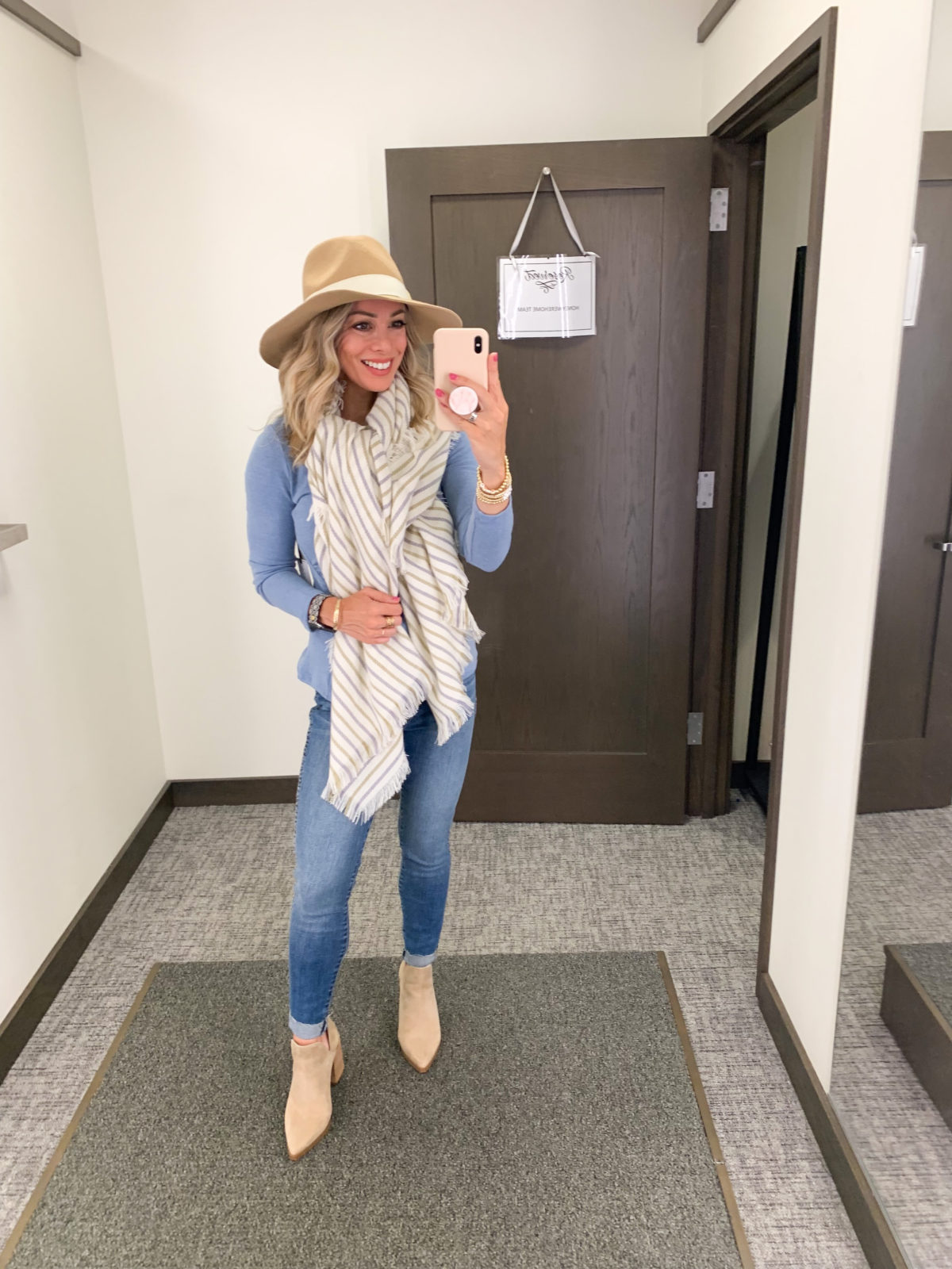 Nordstrom Anniversary Sale, Blue Sweater, Scarf, Hat, Booties, Jeans 