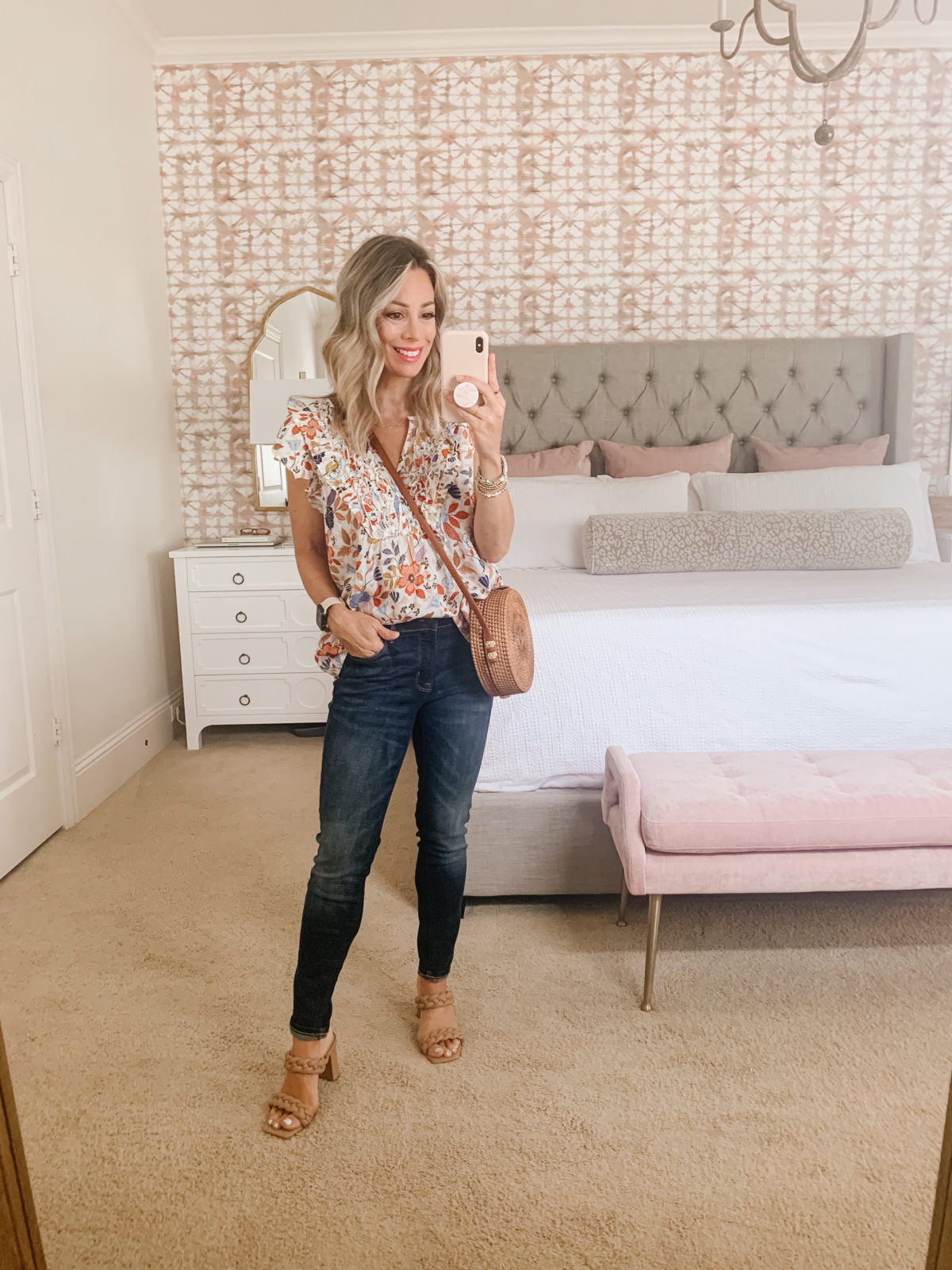 Old Navy fashion, Floral top and Jeans with sandals and Crossbody 