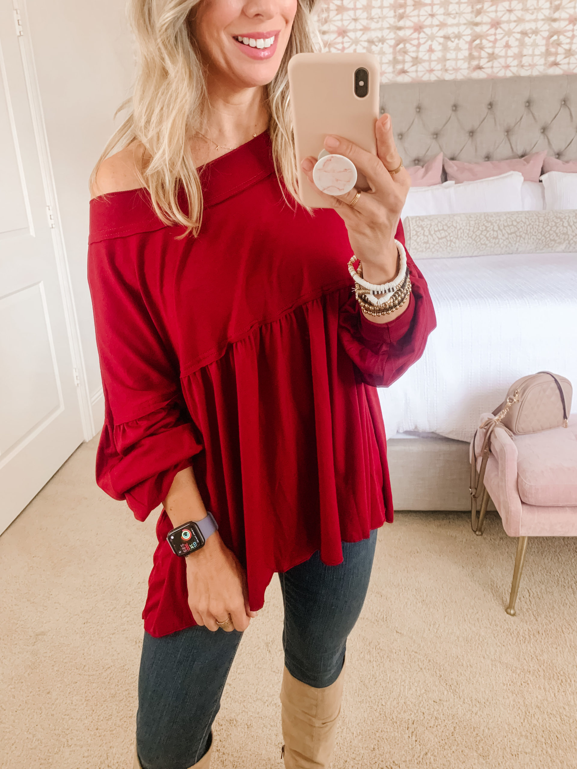Amazon Fashion, Off Shoulder Red Top, Jeans, Boots 