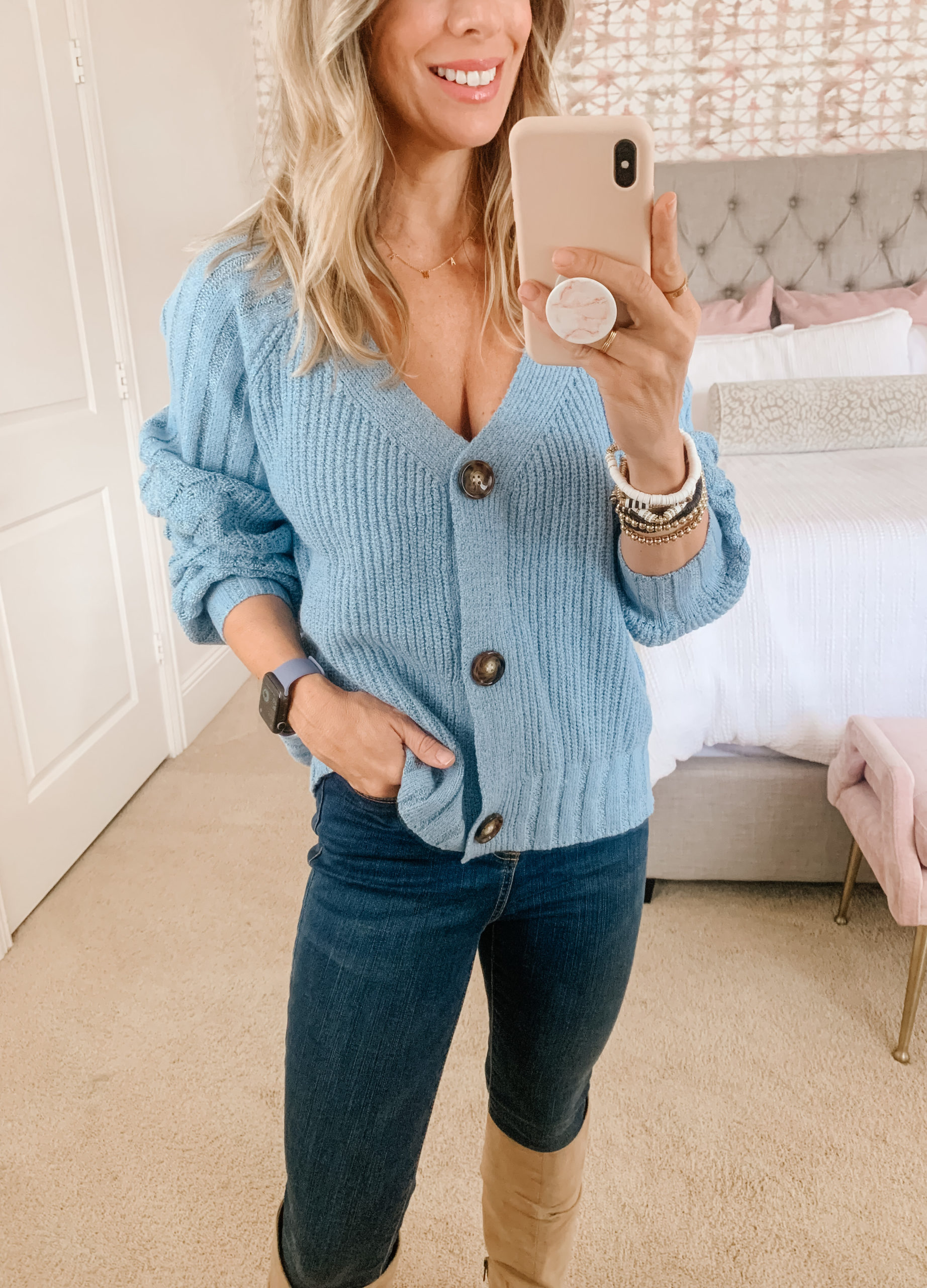 Amazon Fashion, Blue Button Down Sweater, Jeans, Boots 
