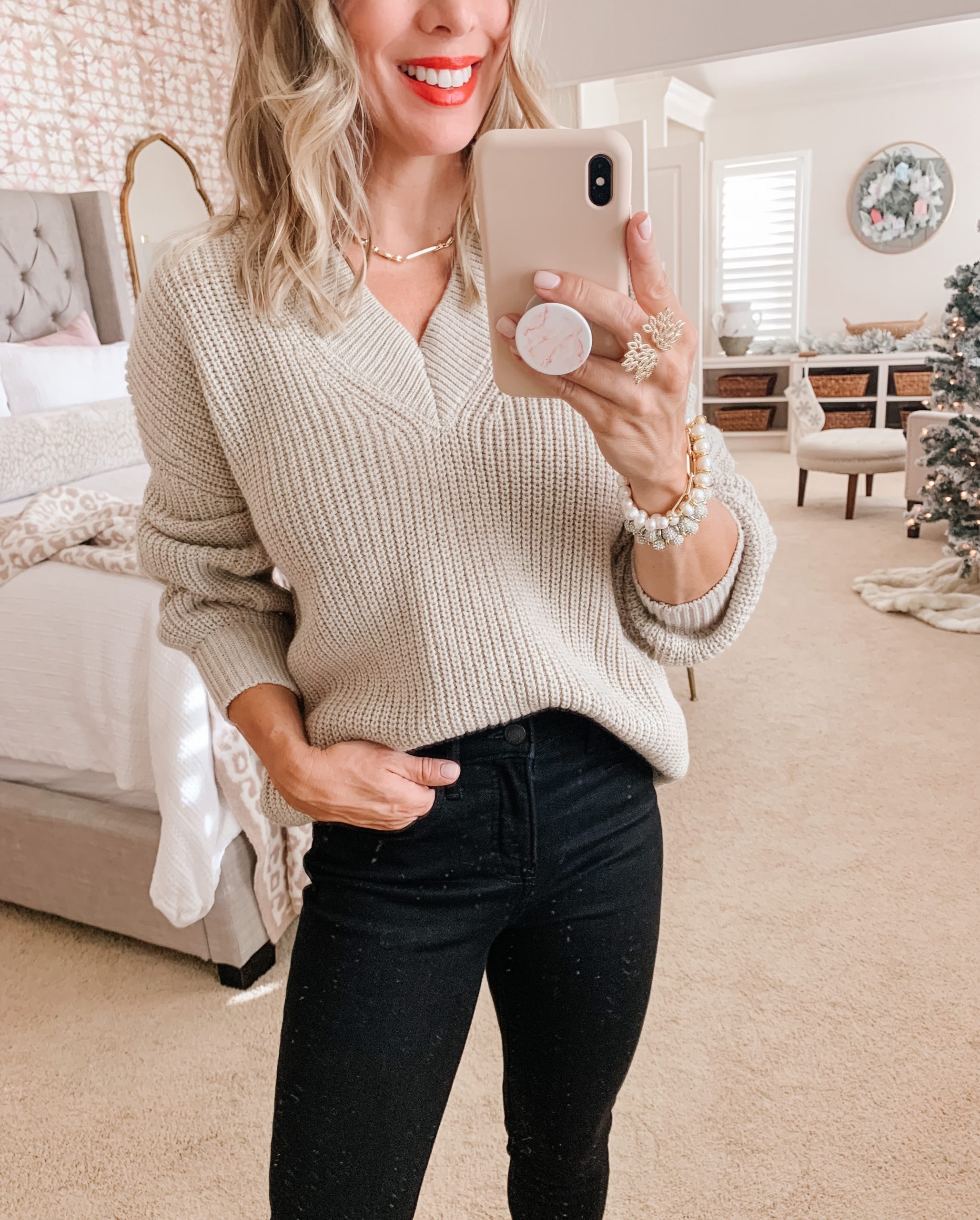 Walmart fashion - black jeans, tan sweater
