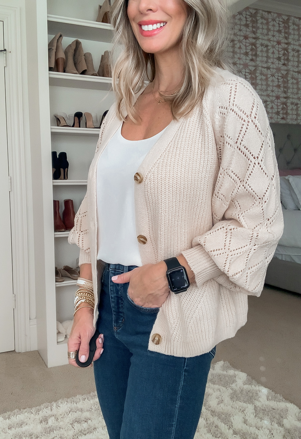 Dressing Room Finds, Puff Sleeve Button Down Cardigan, Cami, Jeans, Heels 